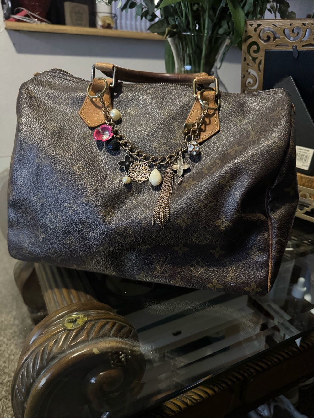 Louis Vuitton Vintage Speedy 30 Monogram Brown Leather Satchel with Charm Chain